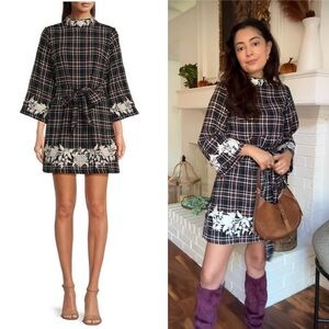 NWT Fanm Mon Layla Tweed Floral Embroidered Mock Neck Wide Sleeve Plaid Dress